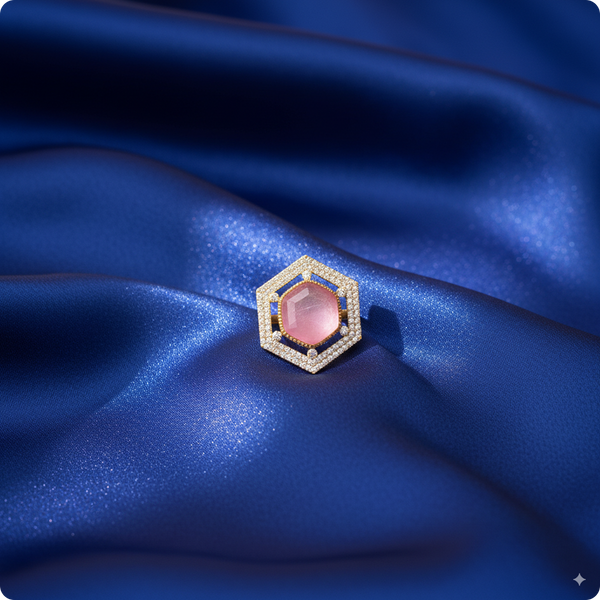 π Hexagon Pink Stone Statement Ring | π Royal Gold-Plated Cocktail Ring with Diamond Halo