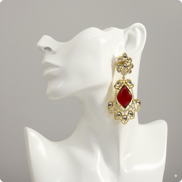 ❤️ Royal Red and White Kundan Chandbali Earrings – Traditional Indian Wedding Jewelry