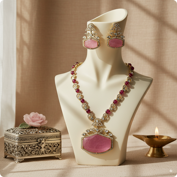 πΈ Pink Moissanite Stone Necklace Set with Earrings β Premium Designer Jewelry