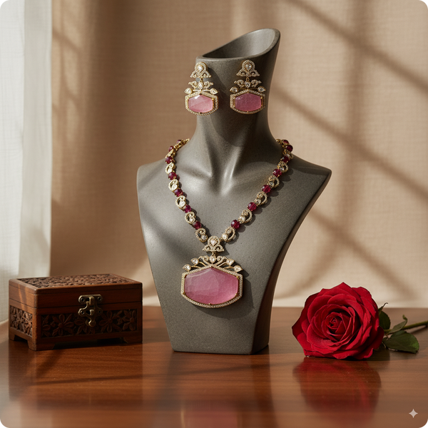 πΈ Pink Moissanite Stone Necklace Set with Earrings β Premium Designer Jewelry