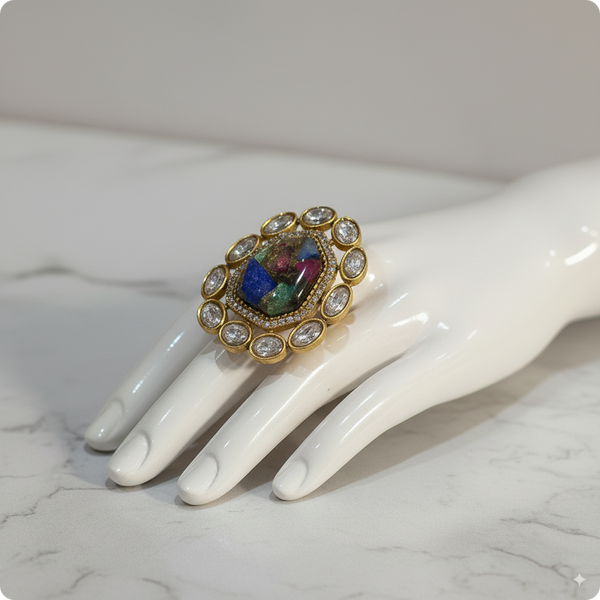 π Royal Multicolor Stone Cocktail Ring | β¨ Oval Gold-Plated Statement Ring with Diamond Halo