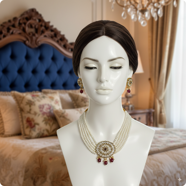 Royal Pearl Choker Necklace Set with Kundan Pendant & Red Beads – Bridal & Party Wear Jewelry
