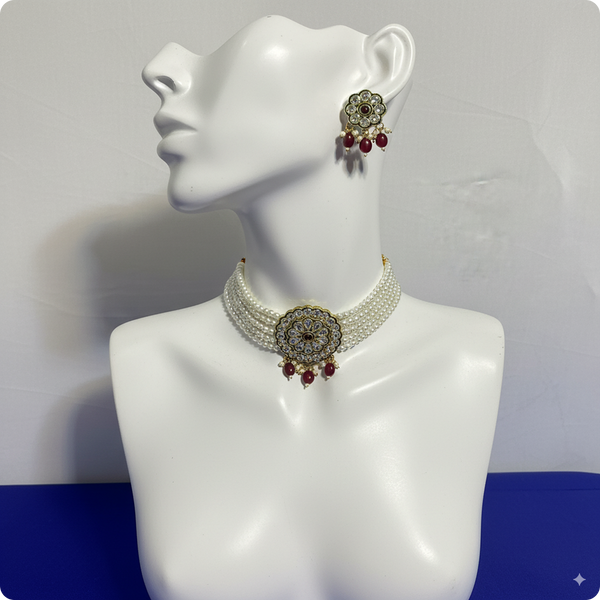 Royal Pearl Choker Necklace Set with Kundan Pendant & Red Beads – Bridal & Party Wear Jewelry