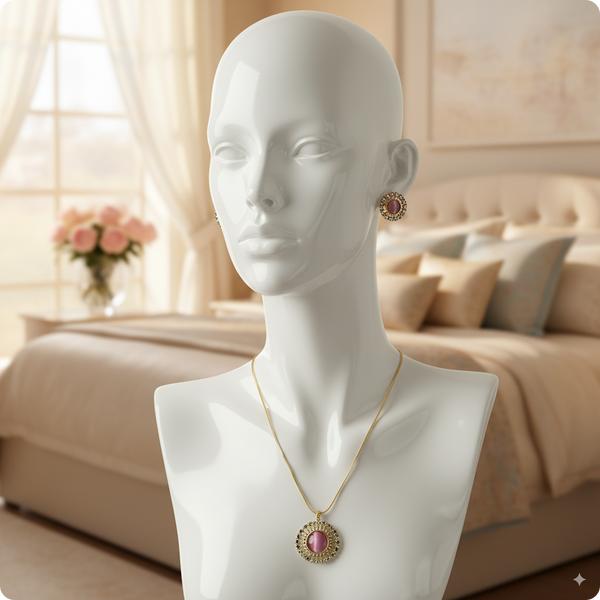Elegant Pink Stone Pendant Necklace with Earrings – Gold-Plated Traditional Jewelry Set