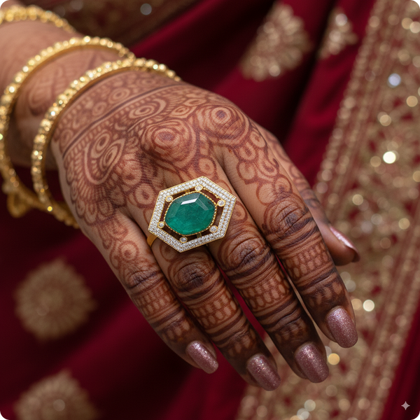 π Hexagon Emerald Green Cocktail Ring | β¨ Gold-Plated Statement Ring with Diamond Halo