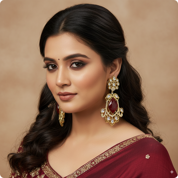 ❤️ Royal Red and White Kundan Chandbali Earrings – Traditional Indian Wedding Jewelry