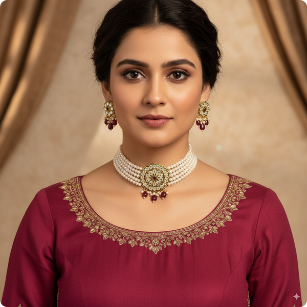 Royal Pearl Choker Necklace Set with Kundan Pendant & Red Beads – Bridal & Party Wear Jewelry