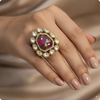Hexagon Emerald Baby Pink Multi Cocktail Ring | β¨ Gold-Plated Statement Ring with Diamond Halo