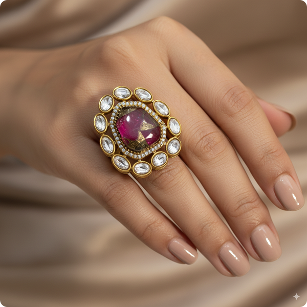 Hexagon Emerald Baby Pink Multi Cocktail Ring | β¨ Gold-Plated Statement Ring with Diamond Halo