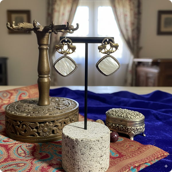 ✨ Brass White Stone Heritage Earrings – Antique Finish Ethnic Jewelry