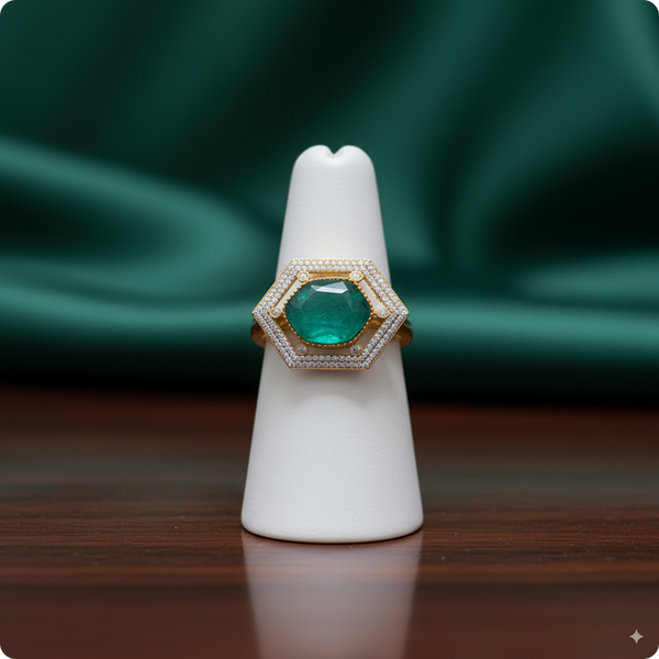 π Hexagon Emerald Green Cocktail Ring | β¨ Gold-Plated Statement Ring with Diamond Halo