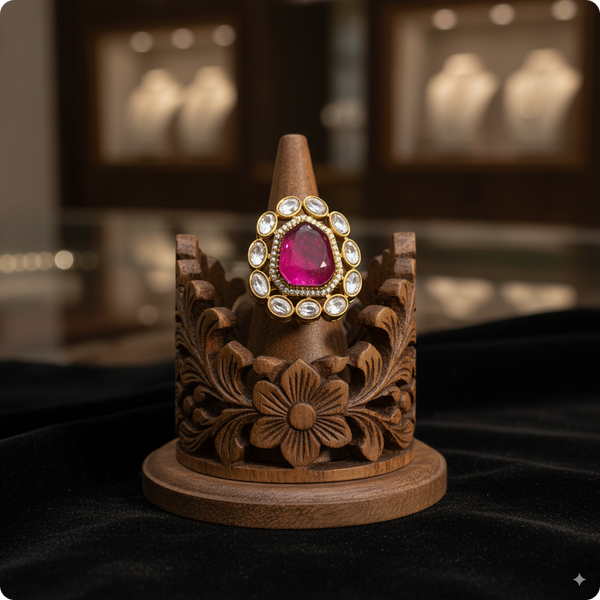 Hexagon Emerald Baby Pink Multi Cocktail Ring | β¨ Gold-Plated Statement Ring with Diamond Halo