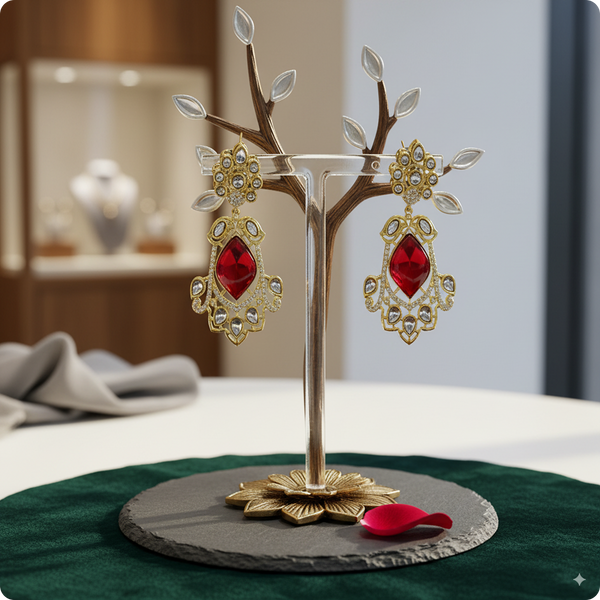 ❤️ Royal Red and White Kundan Chandbali Earrings – Traditional Indian Wedding Jewelry