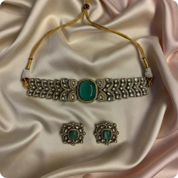 Choker Necklace Set with Mint Green Stone