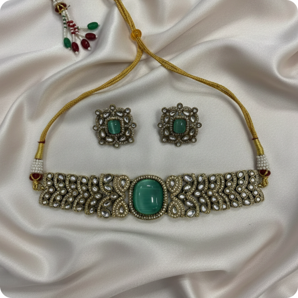 Choker Necklace Set with Mint Green Stone