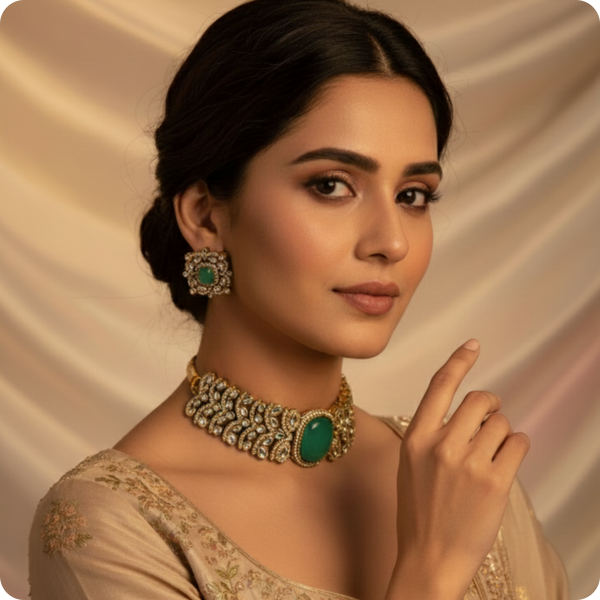 Choker Necklace Set with Mint Green Stone