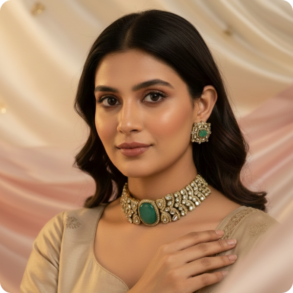 Choker Necklace Set with Mint Green Stone