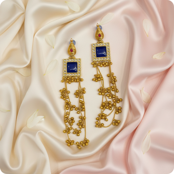 ✨ Royal Blue & Gold Long Ethnic Earrings – Elegant Bridal & Festive Jewelry