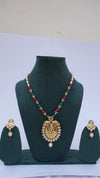 Traditional Ganesha Temple Necklace Set with Kundan Work and Pearl Drops – Red & Green Beads – Ashthi Jewels