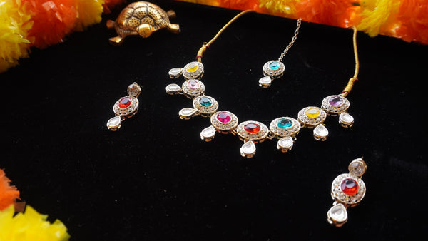 Multicolor Oval Stone Necklace Set – Kundan Style with Drop Beads