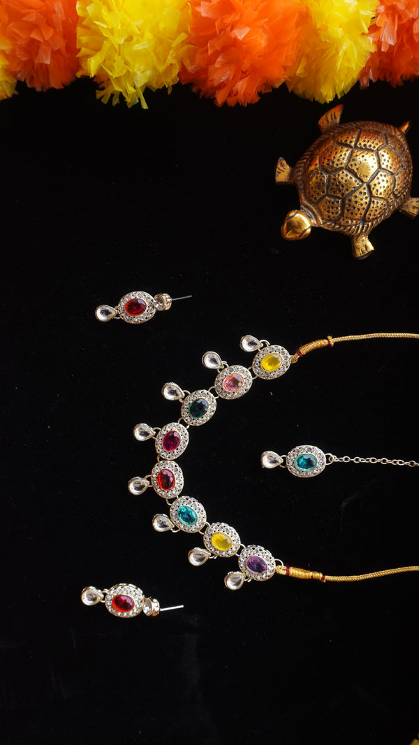 Multicolor Oval Stone Necklace Set – Kundan Style with Drop Beads