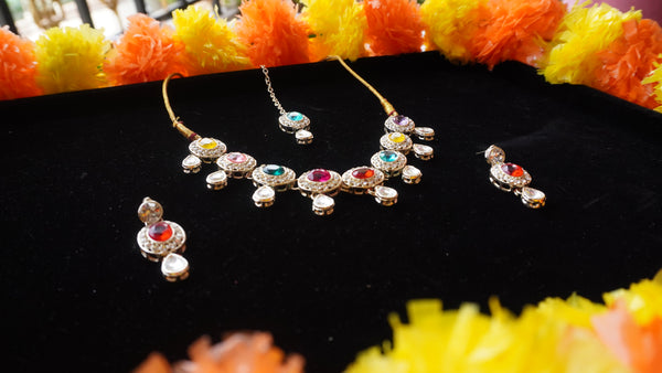 Multicolor Oval Stone Necklace Set – Kundan Style with Drop Beads