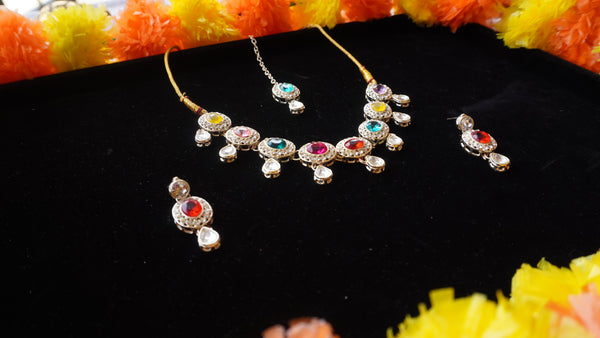 Multicolor Oval Stone Necklace Set – Kundan Style with Drop Beads
