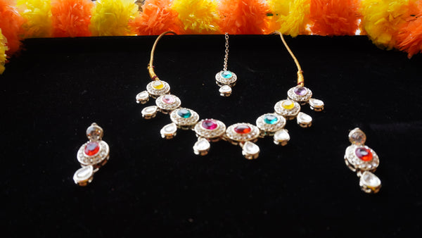 Multicolor Oval Stone Necklace Set – Kundan Style with Drop Beads