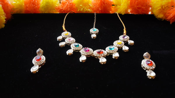 Multicolor Oval Stone Necklace Set – Kundan Style with Drop Beads