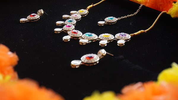 Multicolor Oval Stone Necklace Set – Kundan Style with Drop Beads