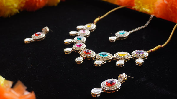 Multicolor Oval Stone Necklace Set – Kundan Style with Drop Beads
