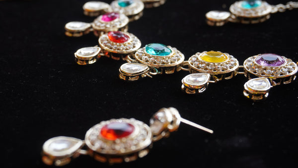 Multicolor Oval Stone Necklace Set – Kundan Style with Drop Beads