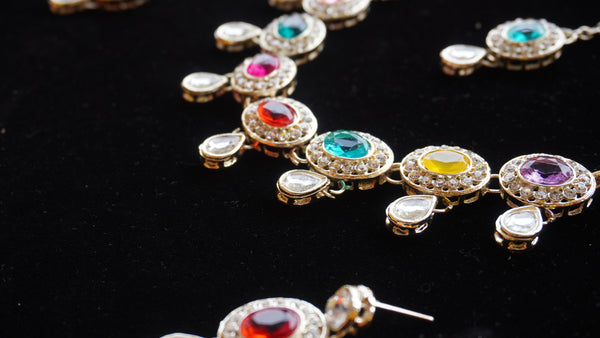 Multicolor Oval Stone Necklace Set – Kundan Style with Drop Beads