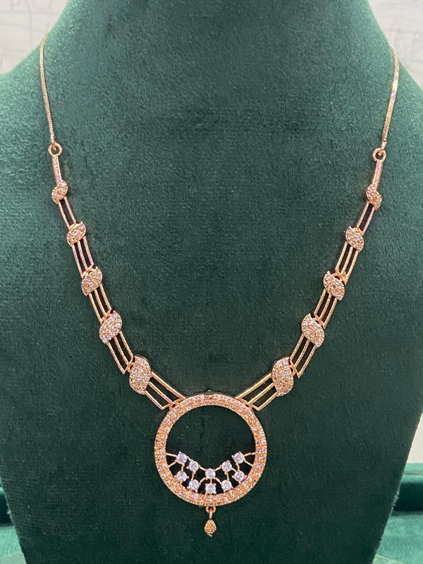 Rose Gold American Diamond Necklace Set – Elegant Circular Design with Earrings