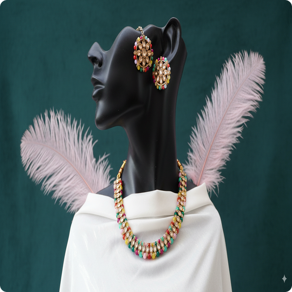 Premium Multicolor Kundan Necklace, Earrings & Tikka Set | Ethnic Bridal Jewellery by Ashti Jewels
