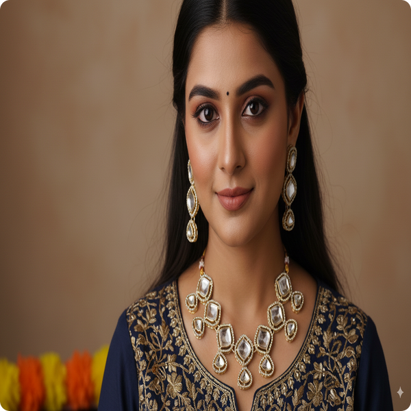 Royal Kundan Mirror Finish Bridal Necklace Set | Polki-Style Wedding Jewellery by Ashti Jewels