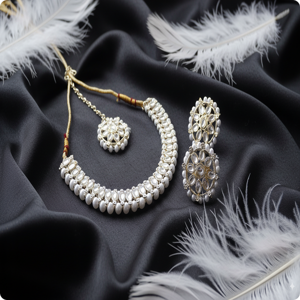 Premium White Kundan Necklace with Earrings & Tikka | Elegant Bridal Jewellery Set by Ashthi Jewels