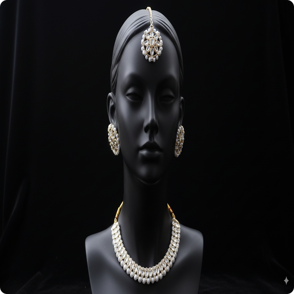 Premium White Kundan Necklace with Earrings & Tikka | Elegant Bridal Jewellery Set by Ashthi Jewels