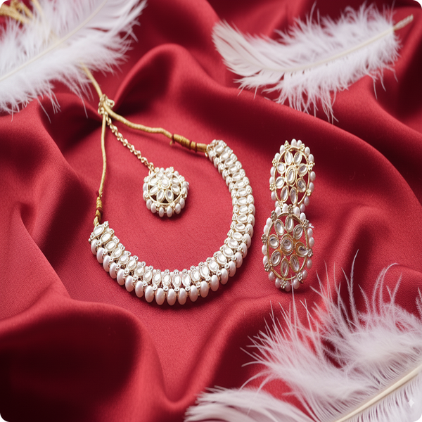 Premium White Kundan Necklace with Earrings & Tikka | Elegant Bridal Jewellery Set by Ashthi Jewels