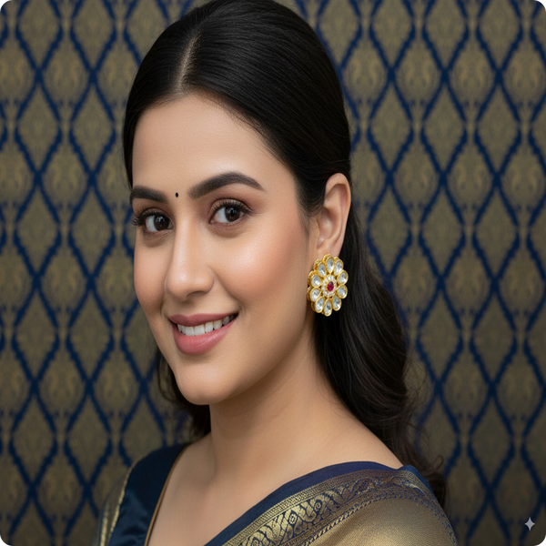 Royal Red Bloom Kundan Stud Earrings – Floral Grandeur