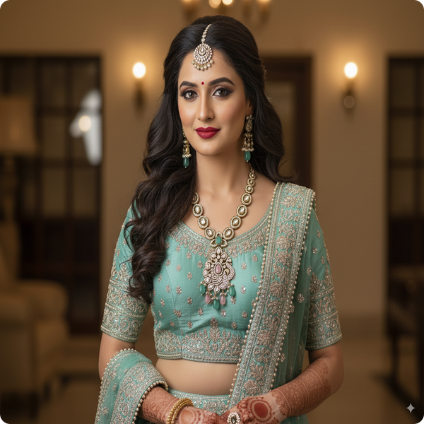 Silver-Tone Kundan Pendant Necklace Set with Green & Pink Beads | Bridal Statement Jewelry by Ashti Jewels