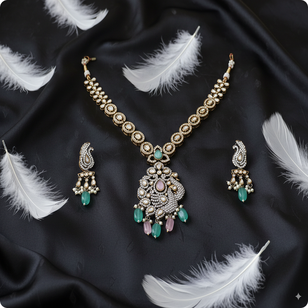 Silver-Tone Kundan Pendant Necklace Set with Green & Pink Beads | Bridal Statement Jewelry by Ashti Jewels