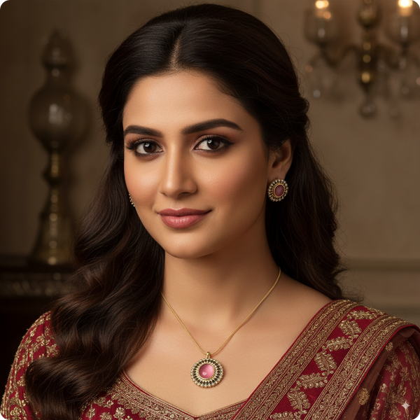 Elegant Pink Stone Pendant Necklace with Earrings – Gold-Plated Traditional Jewelry Set