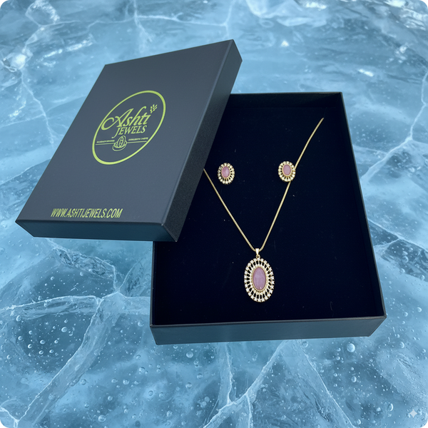 Elegant Pink Stone Pendant Necklace with Earrings – Gold-Plated Traditional Jewelry Set