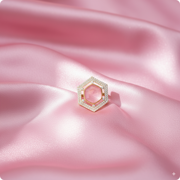 💍 Hexagon Pink Stone Statement Ring | 👑 Royal Gold-Plated Cocktail Ring with Diamond Halo