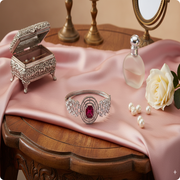 Combo | Silver-Plated Red Stone Bracelet & Earring Combo Set | Elegant Party Wear Jewellery for Women