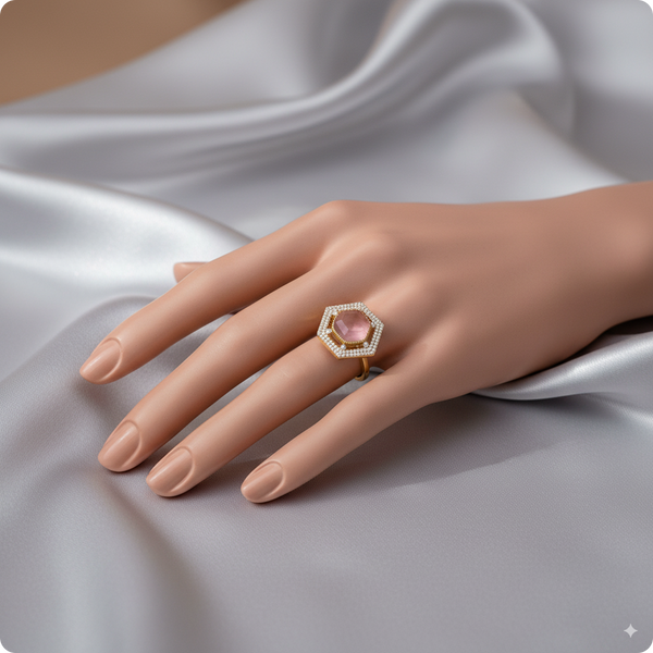 💍 Hexagon Pink Stone Statement Ring | 👑 Royal Gold-Plated Cocktail Ring with Diamond Halo