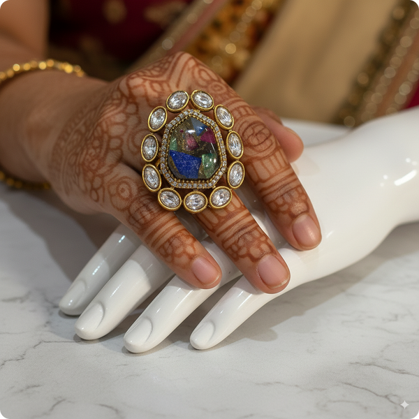 💍 Royal Multicolor Stone Cocktail Ring | ✨ Oval Gold-Plated Statement Ring with Diamond Halo