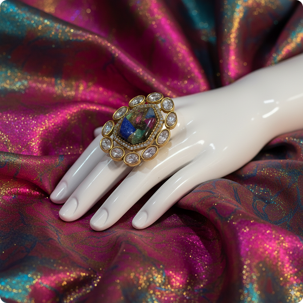 💍 Royal Multicolor Stone Cocktail Ring | ✨ Oval Gold-Plated Statement Ring with Diamond Halo