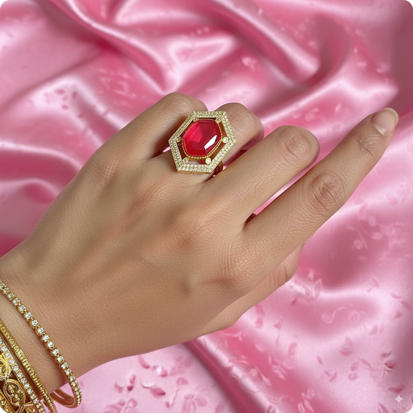 Hexagon Emerald Rani Pink Cocktail Ring | ✨ Gold-Plated Statement Ring with Diamond Halo
